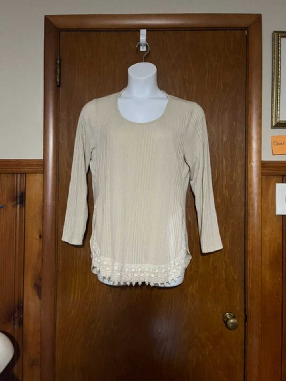 Style & Co Cream Ribbed Knit Long Sleeve Top with Lace Trim - Size L